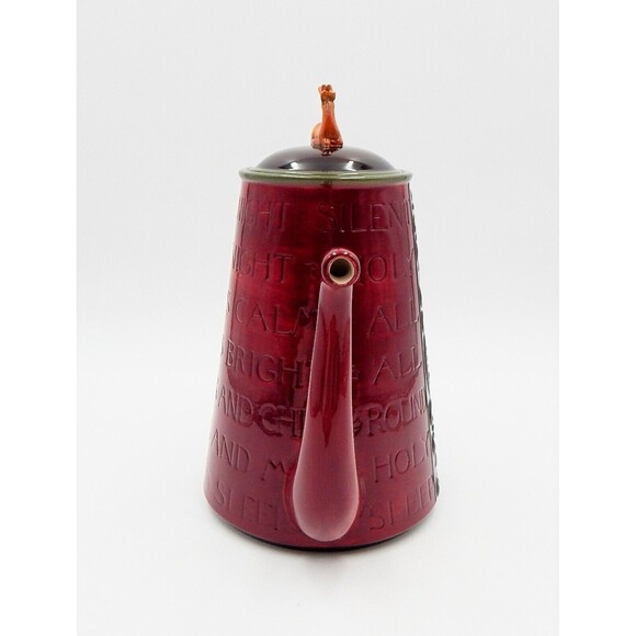 Christmas Ceramic Coffee Tea Pot Deer Finial Silent Night Verse 11 Inch Red - Picture 3 of 11